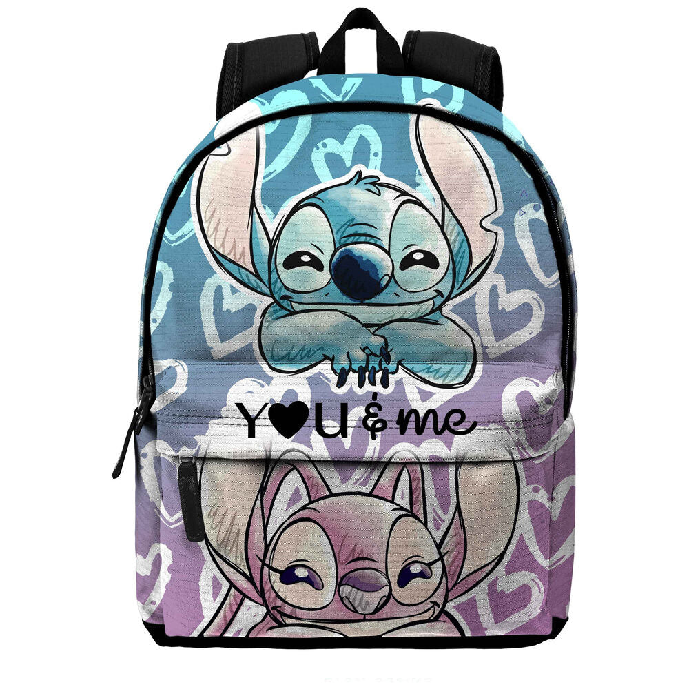 Stitch & Angel Lilo & Stitch, τσάντα πλάτης γαλάζια-μωβ με επιγραφή "You & me" και καρδιές
