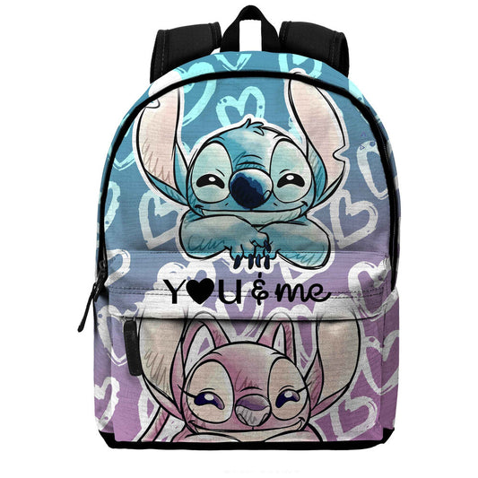 Stitch & Angel Lilo & Stitch, τσάντα πλάτης γαλάζια-μωβ με επιγραφή "You & me" και καρδιές