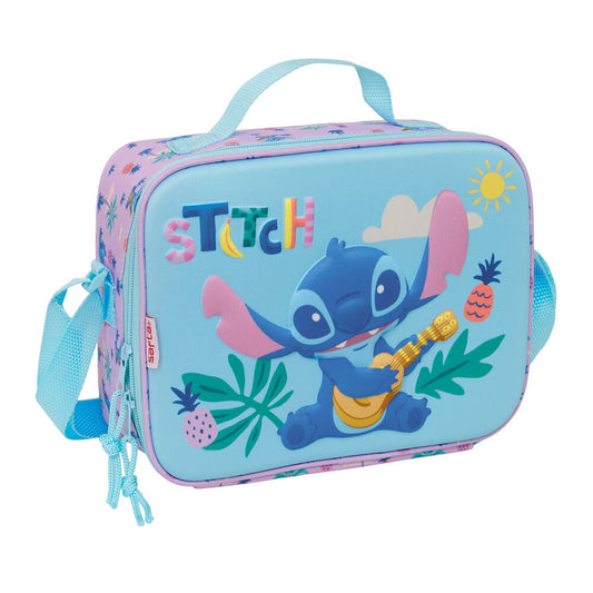 Stitch Disney Safta, τσάντα φαγητού γαλάζια-ροζ με 3D στάμπα Stitch με ukulele και τροπικά φύλλα