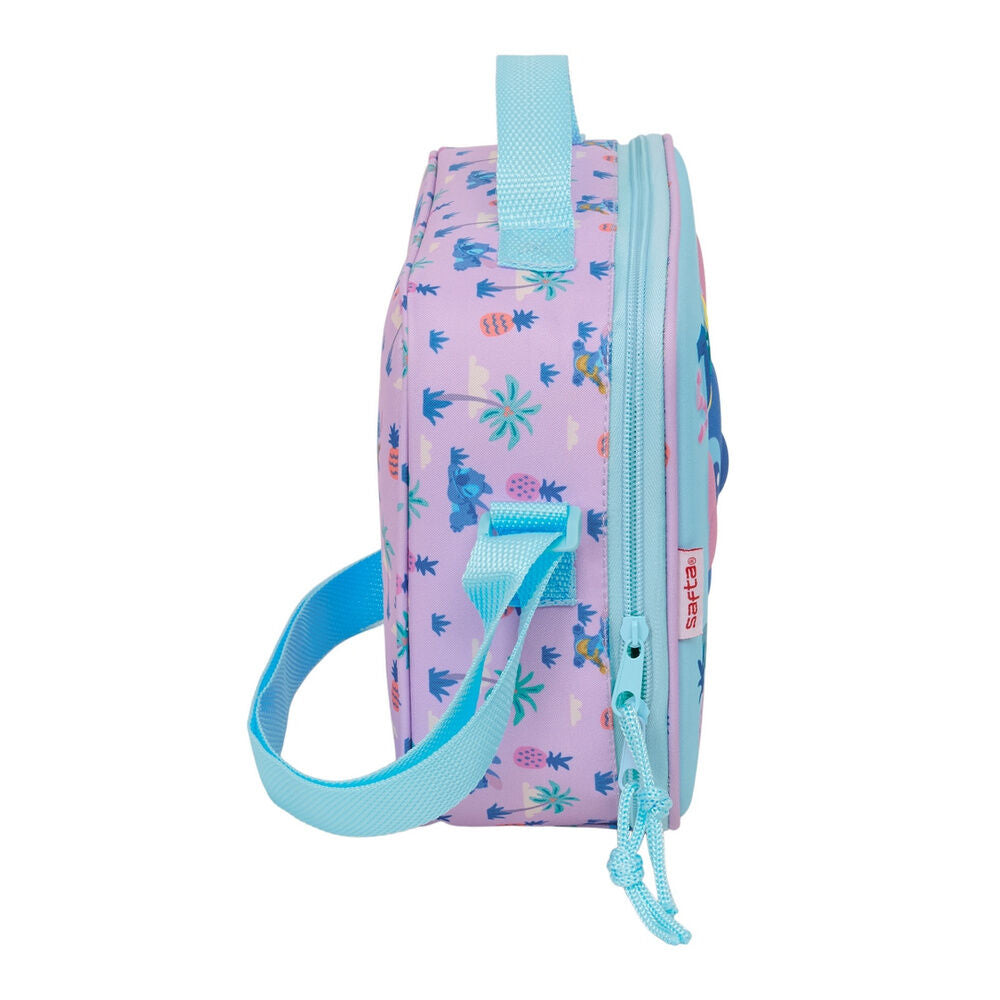 Stitch Disney Safta, τσάντα φαγητού ροζ πλαϊνή όψη με γαλάζιο φερμουάρ και ιμάντα ώμου
