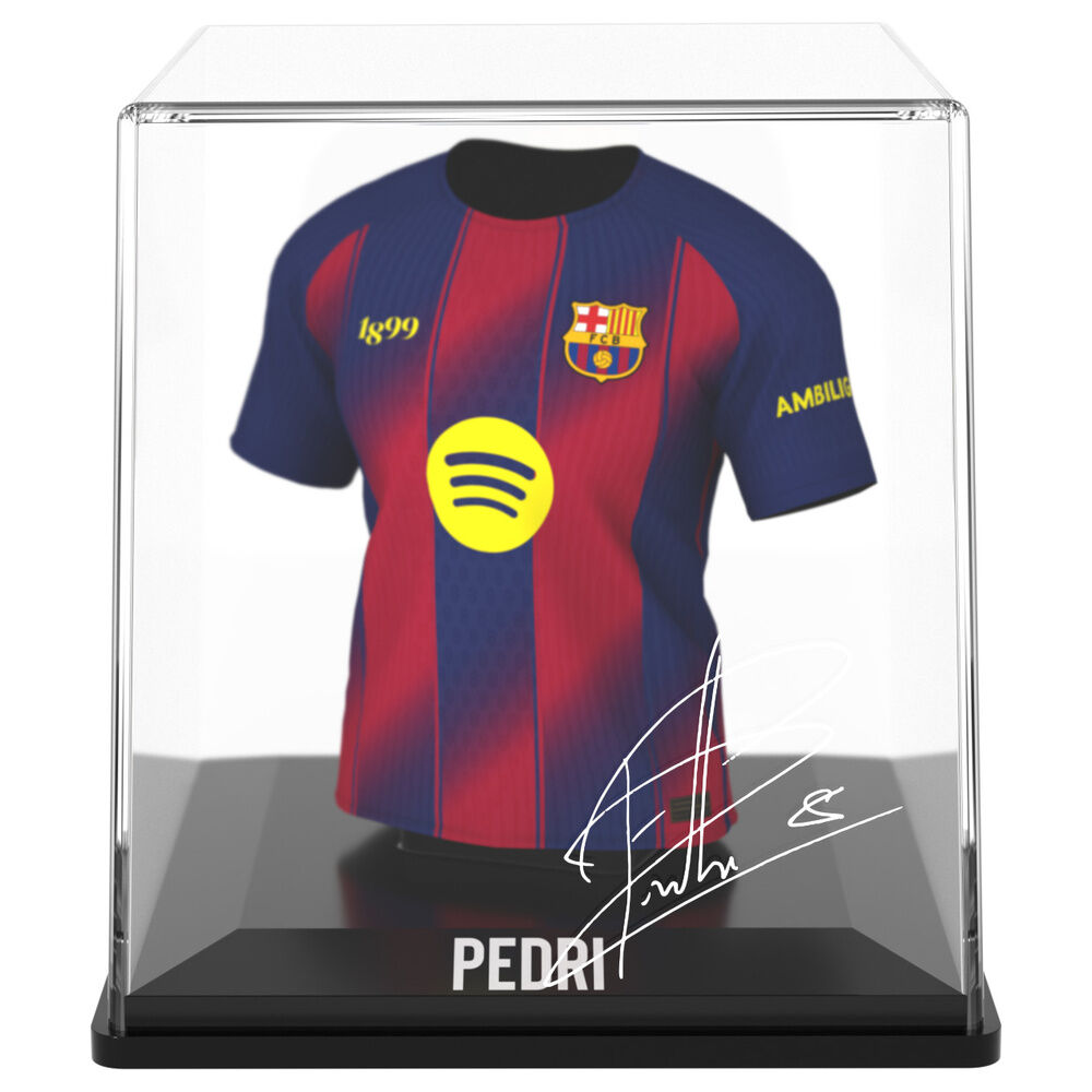 Pedri #8 FC Barcelona, μίνι φανέλα μπροστά σε ακρυλική θήκη με υπογραφή και επιγραφή "PEDRI"