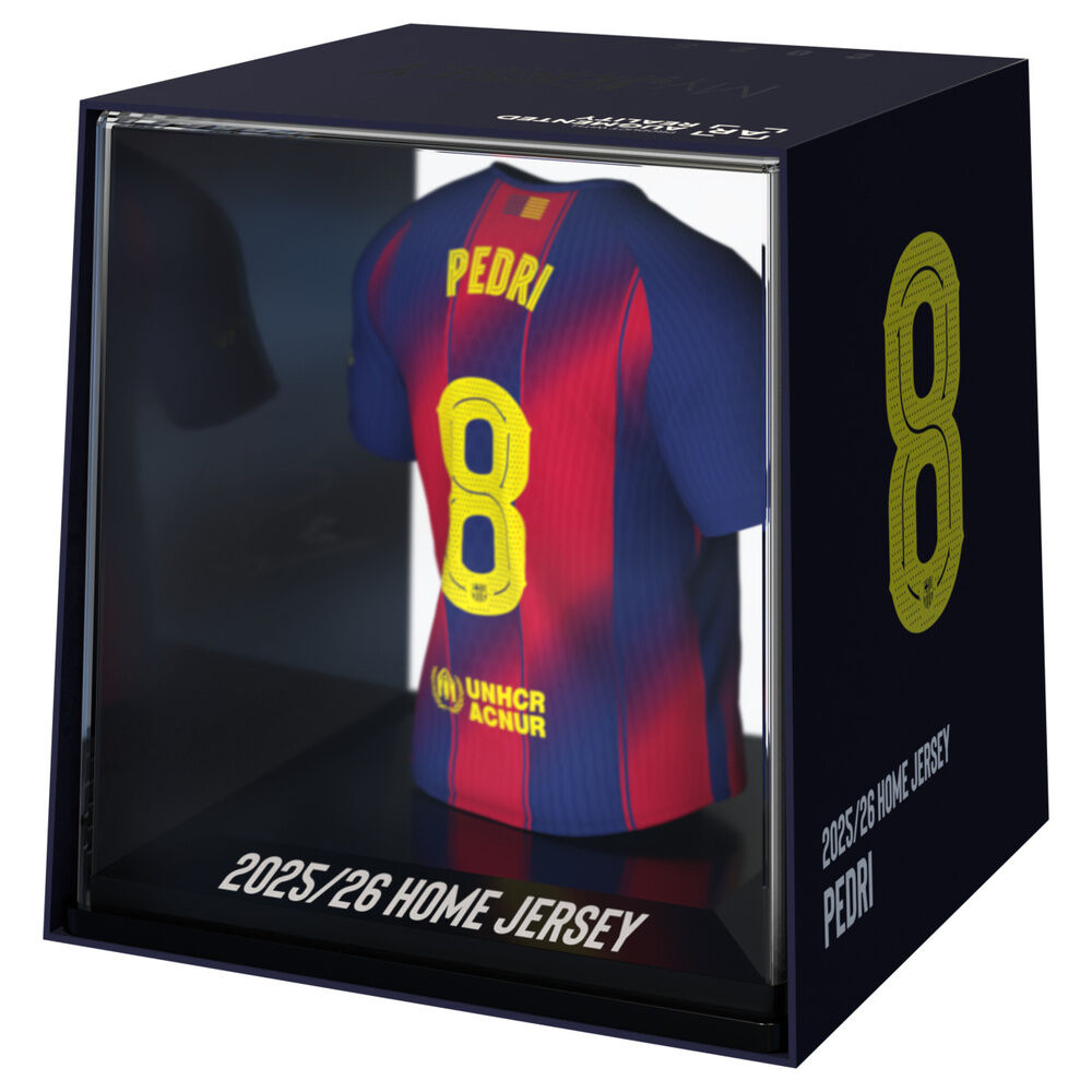 Pedri #8 FC Barcelona, μίνι φανέλα πίσω όψη σε κουτί με επιγραφή "2025/26 HOME JERSEY"