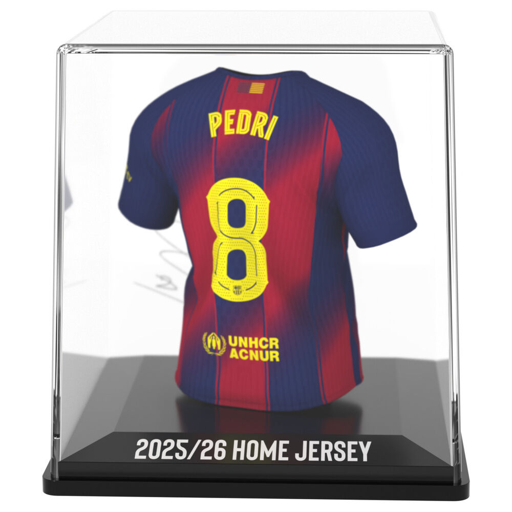 Pedri #8 FC Barcelona, μίνι φανέλα πίσω όψη σε ακρυλική θήκη με επιγραφή "2025/26 HOME JERSEY"