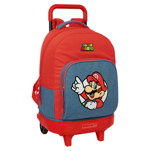 Super Mario σχολική τσάντα τρόλεϊ Safta μπροστινή όψη, κόκκινο σώμα, μπλε τσέπη με Mario, Super Mario logo