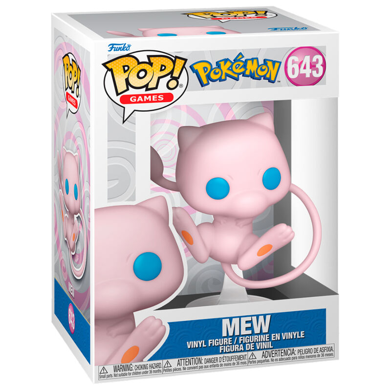 Funko Pop! Mew #643, ροζ φιγούρα με μπλε μάτια και πορτοκαλί κηλίδες μέσα στο κουτί