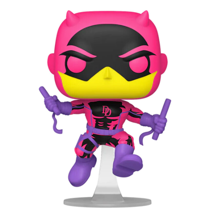Funko Pop Daredevil Blacklight #1360, ροζ μαύρη κίτρινη στολή, DD λογότυπο, διάφανη βάση