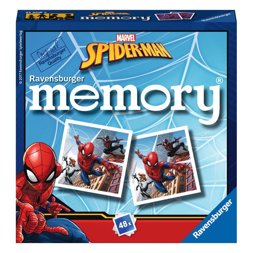 Pocket Memory Game Spider-Man, κουτί Ravensburger, μπλε ιστός αράχνης, MARVEL SPIDER-MAN logo, 48 κάρτες