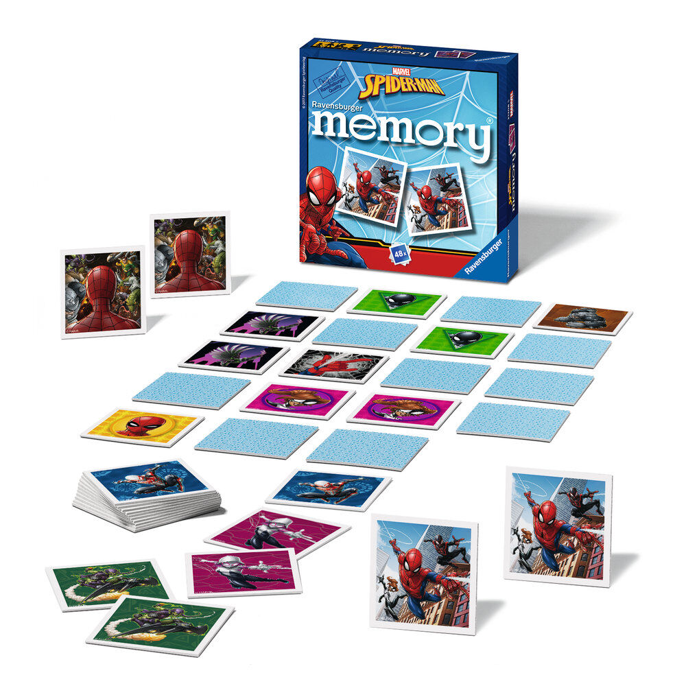Pocket Memory Game Spider-Man, κουτί και κάρτες απλωμένες, Spider-Man Miles Morales Ghost-Spider Venom