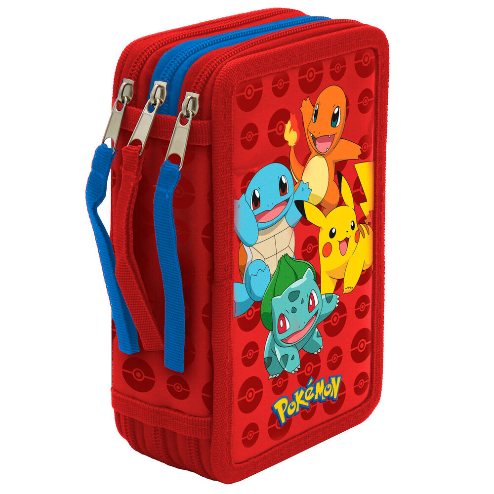 Κασετίνα Pokémon κόκκινη τριπλή με Charmander, Squirtle, Bulbasaur και Pikachu σε φόντο με Pokeball