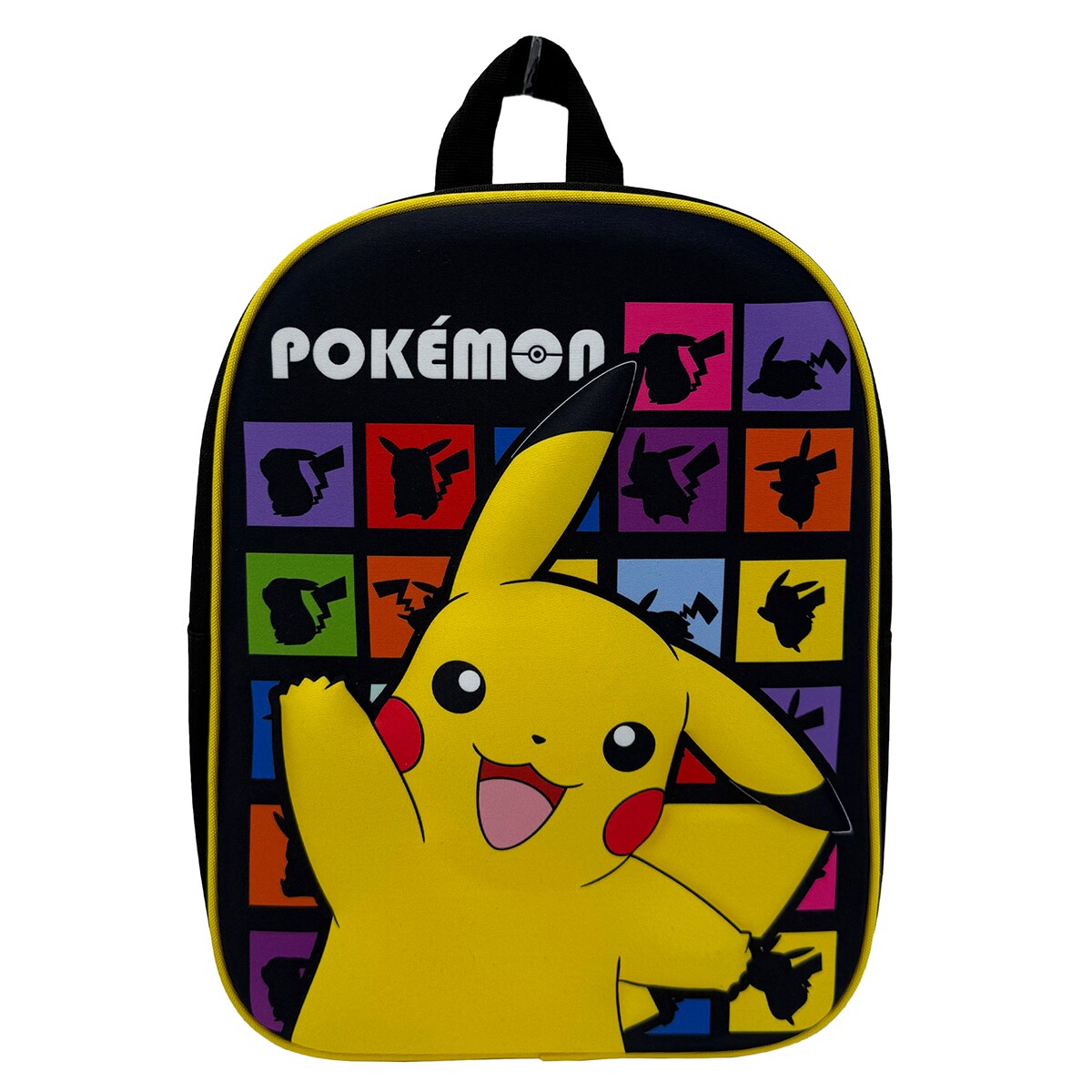 Τσάντα πλάτης Pokémon μαύρη με Pikachu με ανοιχτό στόμα και πολύχρωμα τετράγωνα με σκιές Pikachu