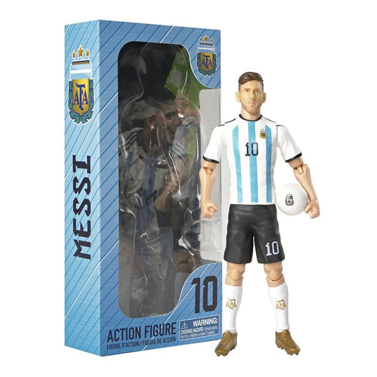 Messi #10 Αργεντινή, φιγούρα δράσης με λευκή-γαλάζια στολή και μπάλα, δίπλα στο κουτί