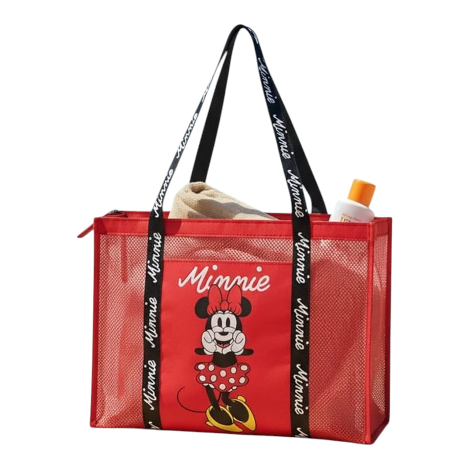 Minnie Mouse Disney, τσάντα παραλίας κόκκινη mesh με στάμπα Minnie και μαύρες λαβές "Minnie"