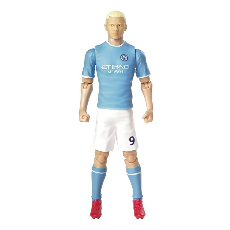 Haaland #9 Manchester City, φιγούρα δράσης ολόσωμη μπροστά με γαλάζια φανέλα "Etihad Airways" και λευκό σορτς