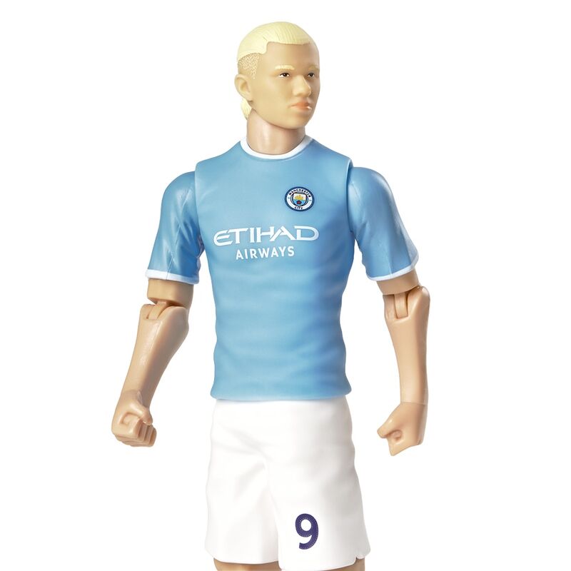Haaland #9 Manchester City, φιγούρα δράσης κοντινό με γαλάζια φανέλα "Etihad Airways" και έμβλημα Manchester City