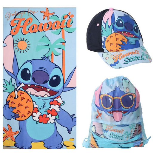 Stitch Disney, σετ 3 τεμαχίων πετσέτα Hawaii, καπέλο και τσάντα πλάτης γαλάζια-μαύρη