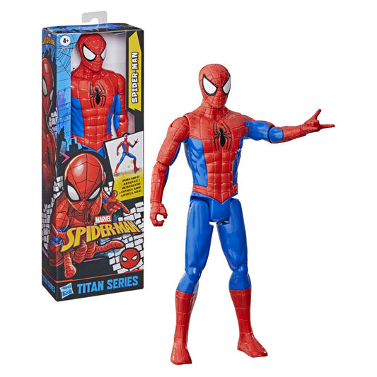 Φιγούρα Spider-Man Titan Series 30cm, κόκκινη μπλε στολή, αρθρωτή, δίπλα στο κουτί Hasbro