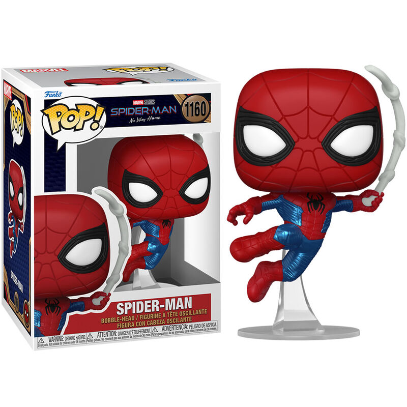 Funko Pop Spider-Man Finale Suit #1160, φιγούρα δίπλα στο κουτί, πλαϊνή όψη, κόκκινη μπλε στολή