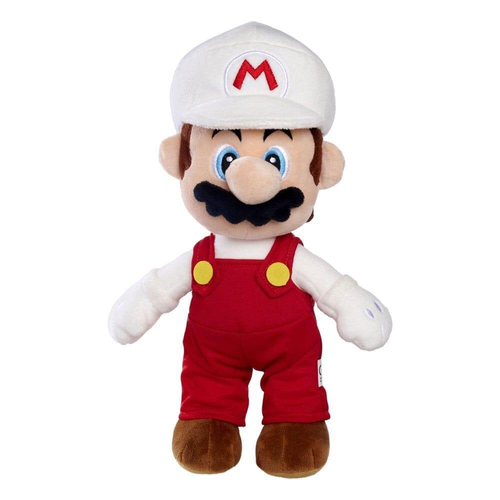  Fire Mario λούτρινο παιχνίδι, λευκό καπέλο με M, κόκκινη φόρμα, λευκή μπλούζα, μαύρο μουστάκι