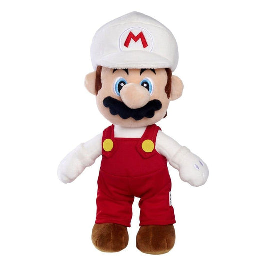  Fire Mario λούτρινο παιχνίδι, λευκό καπέλο με M, κόκκινη φόρμα, λευκή μπλούζα, μαύρο μουστάκι