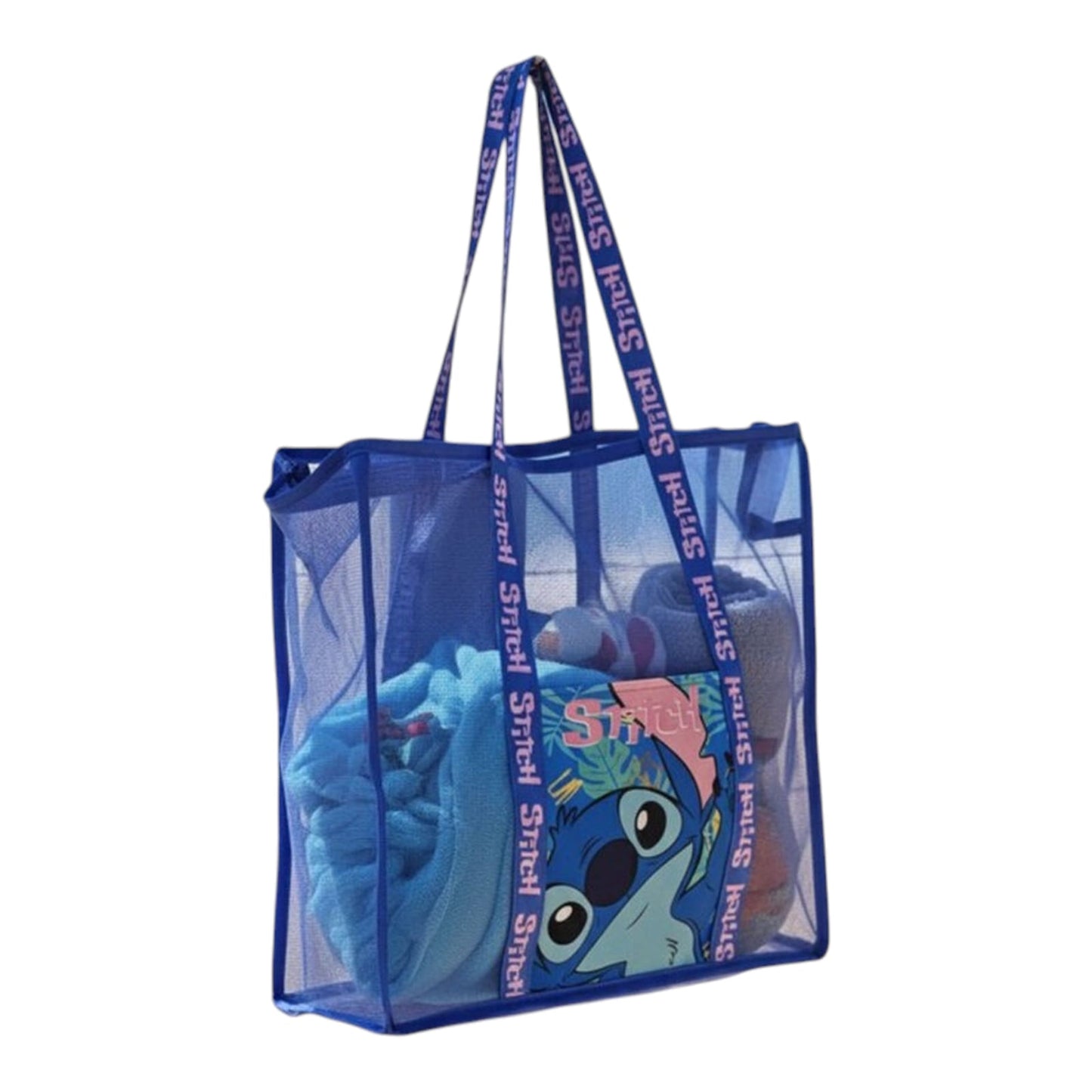 Stitch Disney, τσάντα παραλίας μπλε mesh με στάμπα Stitch και λαβές με επιγραφή "Stitch"